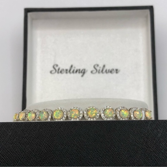 NWT Sterling Silver BRACELET Lab Created Opals (12) Adjustable Size Jewelry - Picture 2 of 9